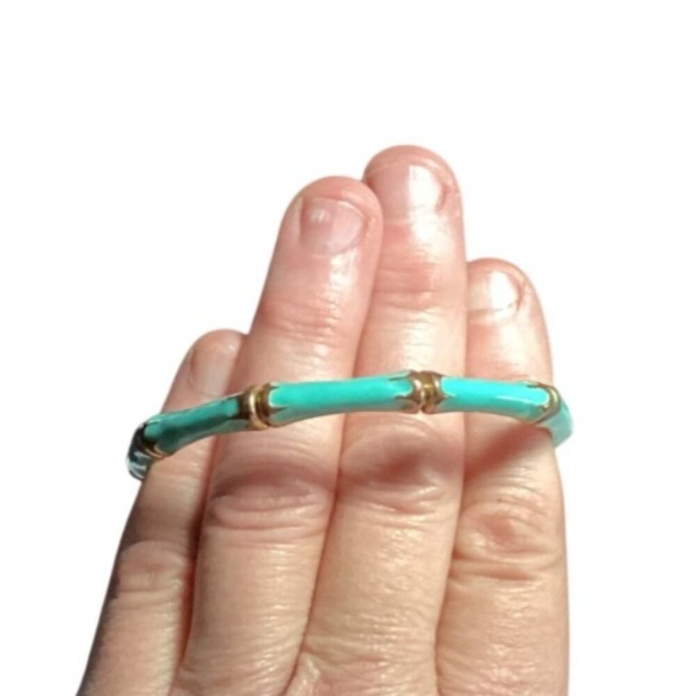Vtg Fornash Gold Tone Metal and Pastel Teal Enamel Bangle Bracelet Bamboo Design - Picture 2 of 9